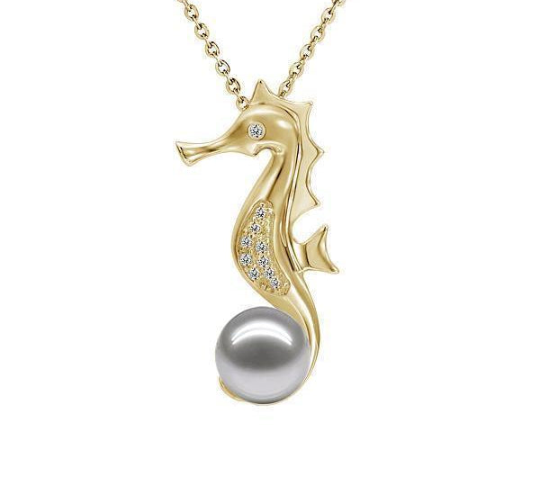 In this photo there is a yellow gold seahorse pendant with diamonds and one white/light gray pearl.