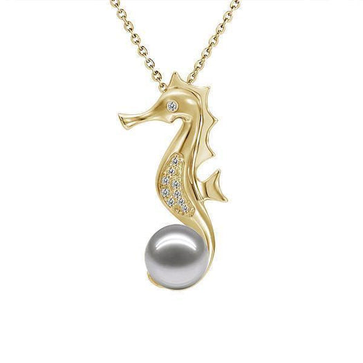In this photo there is a yellow gold seahorse pendant with diamonds and one white/light gray pearl.