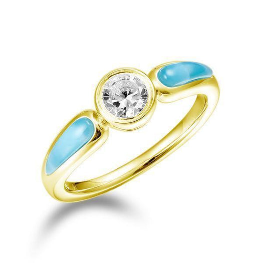 The picture shows a 14K yellow gold aquamarine ring with two larimar gemstones.