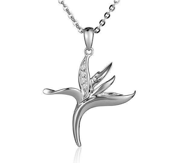 In this photo there is a sterling silver bird of paradise pendant with cubic zirconia.