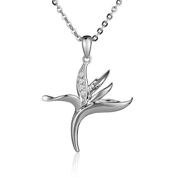 In this photo there is a sterling silver bird of paradise pendant with cubic zirconia.