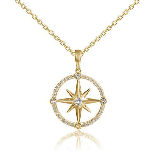 In this photo there is a yellow gold compass pendant with aquamarine and diamonds.