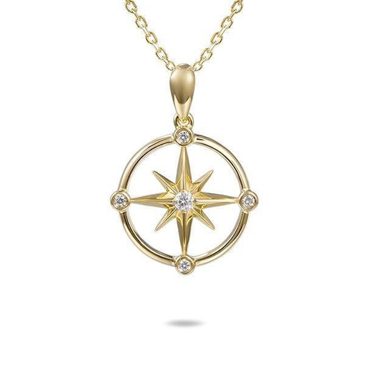 In this photo there is a yellow gold compass pendant with diamonds.