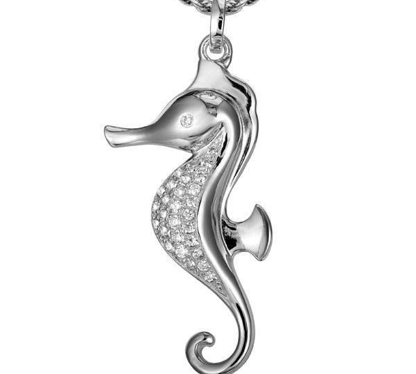 The picture shows a 14K white gold seahorse pendant with diamonds.