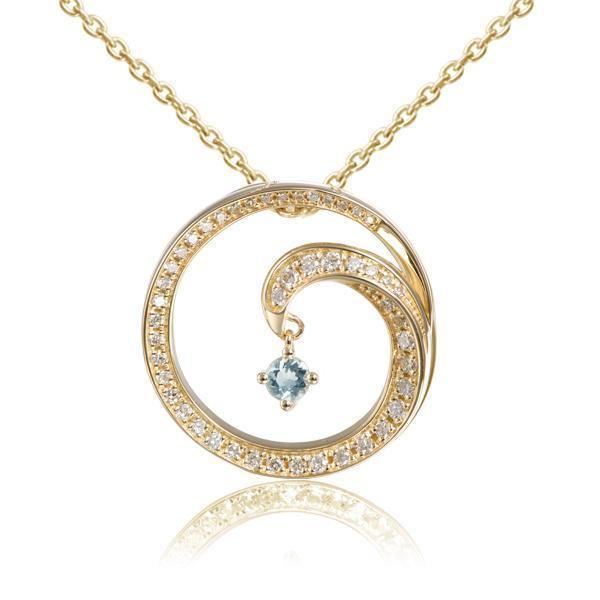 The picture shows a 14K yellow gold drop of water pendant with diamonds and aquamarine.