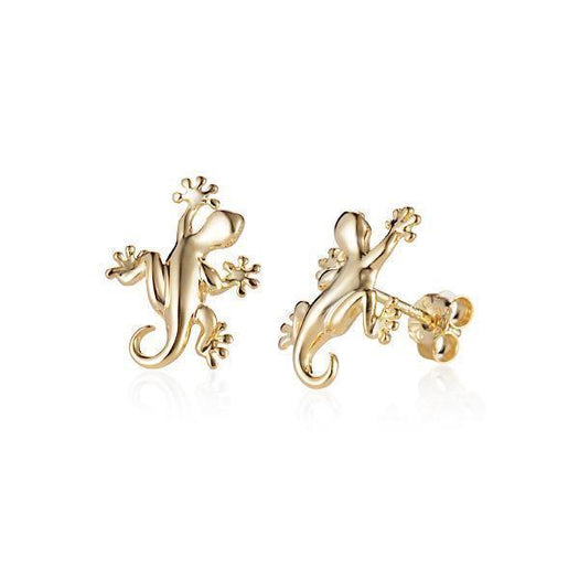 In this photo there is a pair of 14k yellow gold gecko stud earrings.