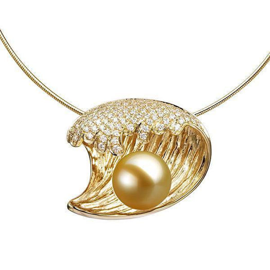 In this photo there is a yellow gold wave pendant with diamonds and one golden south sea pearl.