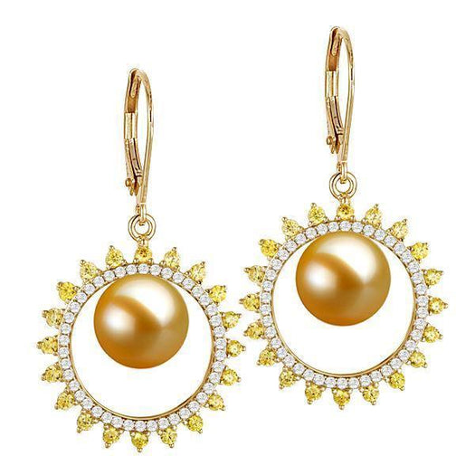 In this photo there is a pair of 14k yellow gold sun lever-back earrings, with yellow and white diamonds and golden south sea pearls.