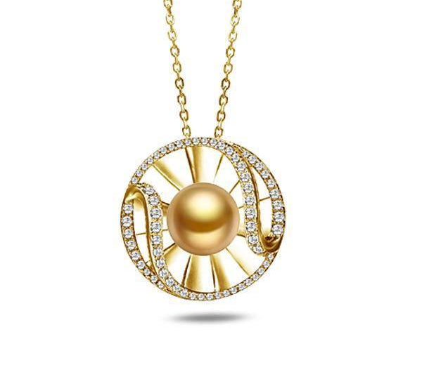 In this photo there is a yellow gold sun and wave pendant with diamonds and one golden south sea pearl.