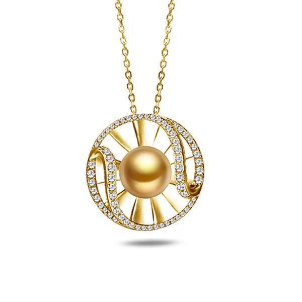 In this photo there is a yellow gold sun and wave pendant with diamonds and one golden south sea pearl.