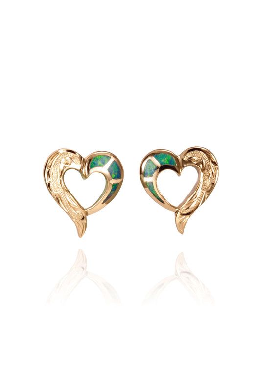 The picture shows a pair of 14K yellow gold hand-engraved Heart stud earrings with opal.