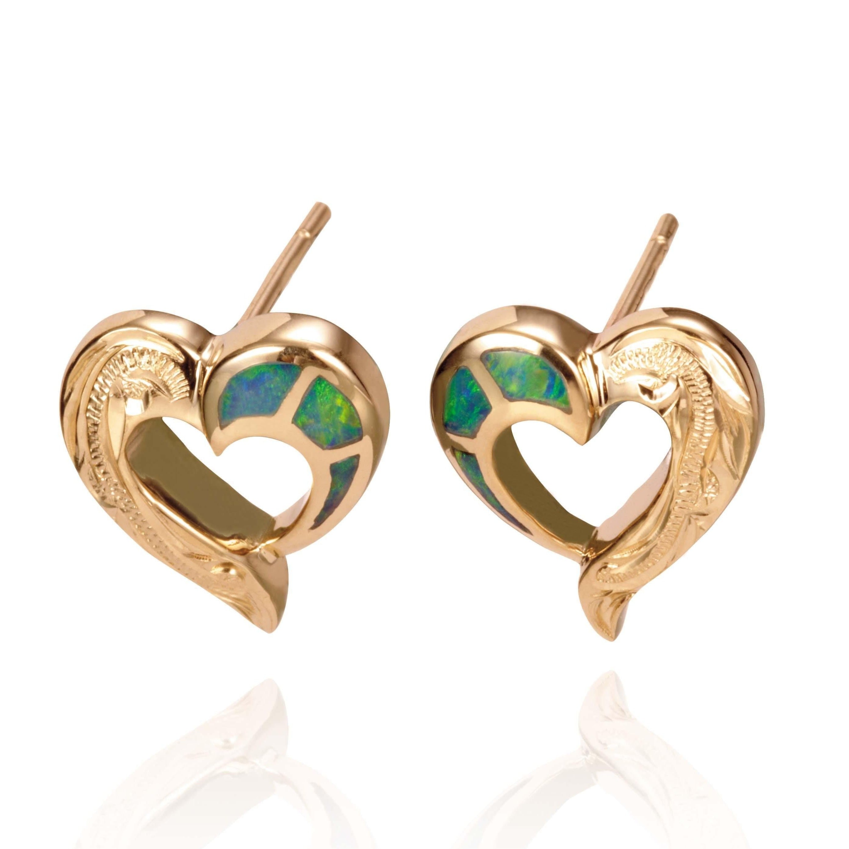 The picture shows a pair of 14K yellow gold hand-engraved stud heart earrings with opal.
