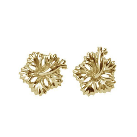 In this photo there is a pair of 14k yellow gold hibiscus flower stud earrings.