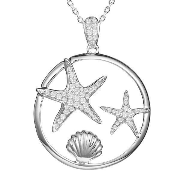 The picture shows a 14K white gold starfish and shell circle pendant with diamonds.