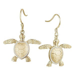 The picture shows a pair of 14K yellow gold sea turtle hook earrings with diamonds.