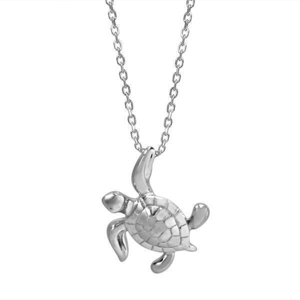 The picture shows a 14K white gold sea turtle necklace.