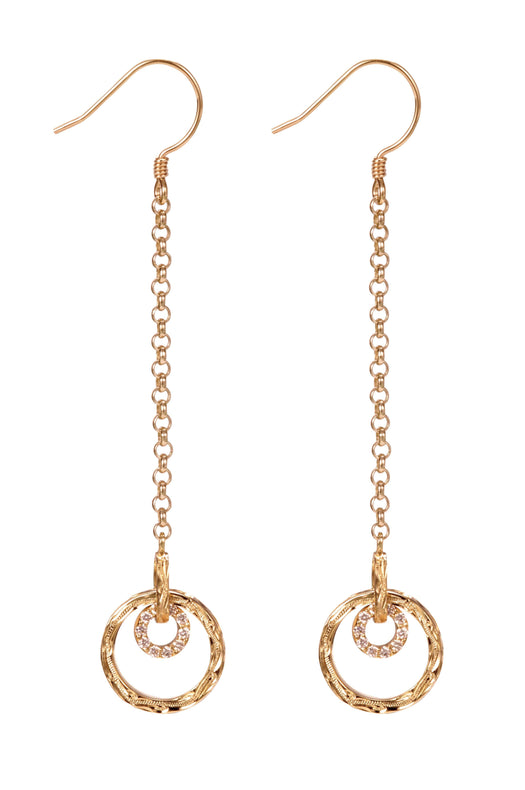 The picture shows a pair of 14K yellow gold infinity scroll hook earrings with diamonds.