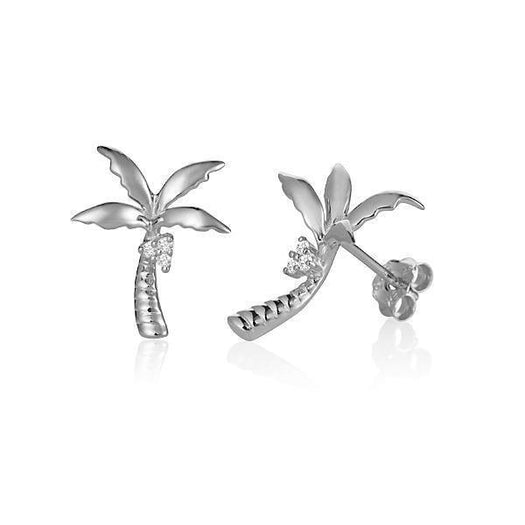 In this photo there is a pair of 14k white gold palm tree stud earrings with diamond coconuts.