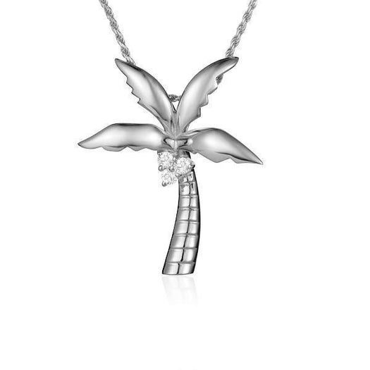 In this photo there is a large white gold palm tree pendant with three diamond coconuts.