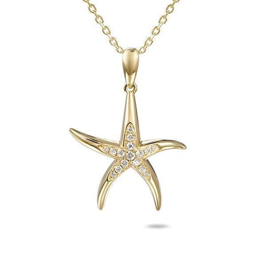 The picture shows a 14K yellow gold starfish pendant with diamonds.
