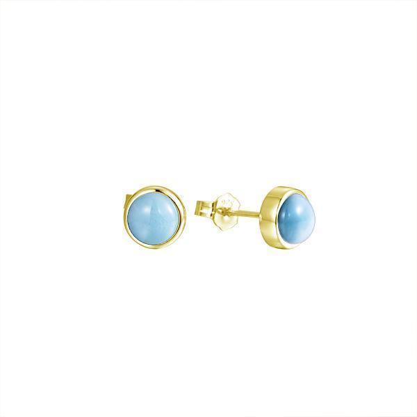 The picture shows a pair of 14K yellow gold larimar 8mm stud earrings.