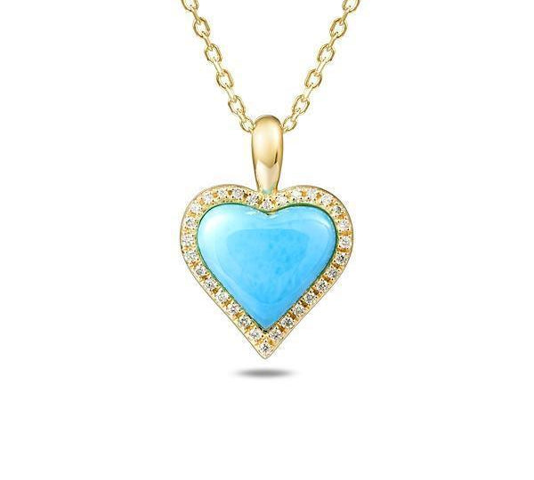 The picture shows a 14K yellow gold larimar heart pendant with diamonds.