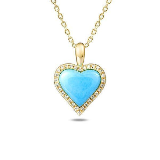 The picture shows a 14K yellow gold larimar heart pendant with diamonds.