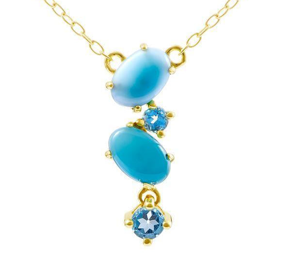 The picture shows a 14K yellow gold larimar pendant with aquamarine.