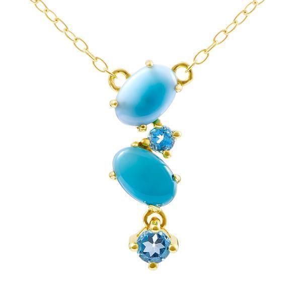 The picture shows a 14K yellow gold larimar pendant with aquamarine.
