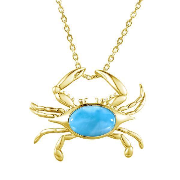 The picture shows a 14K yellow gold larimar blue crab pendant.