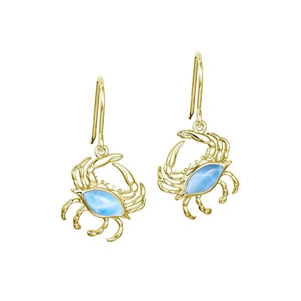 The picture shows a pair of 14K yellow gold larimar blue crab earrings.