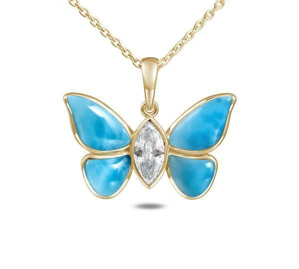 In this photo there is a yellow gold butterfly pendant with aquamarine and blue larimar gemstones.