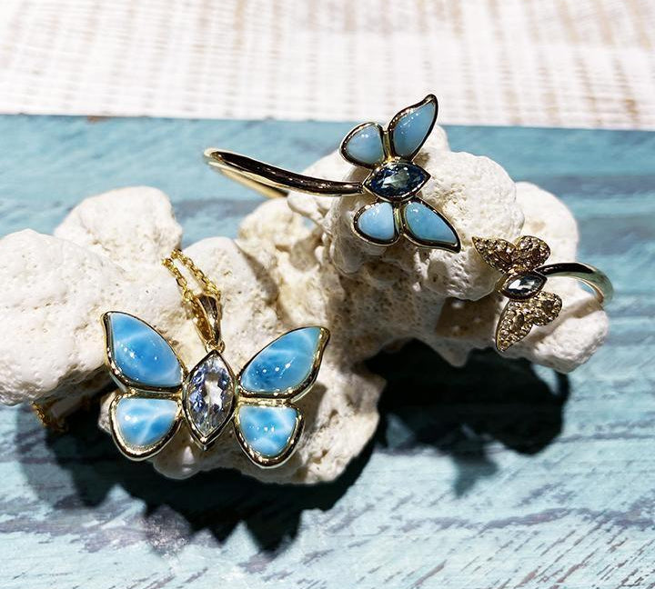 14k yellow gold Larimar Butterfly Sleek Bangle with aquamarine gems and diamonds