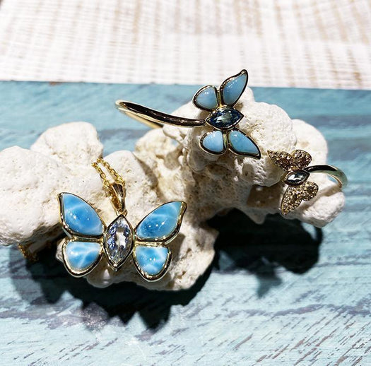 14k yellow gold Larimar Butterfly Sleek Bangle with aquamarine gems and diamonds
