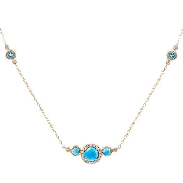 The picture shows a 14K yellow gold necklace with three larimar gemstones paired with diamonds and two aquamarine gemstones.