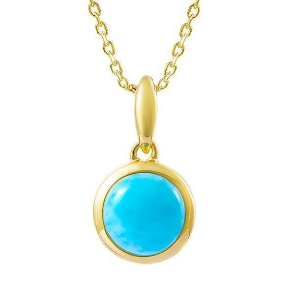 The picture shows a 14K yellow gold larimar circle pendant.