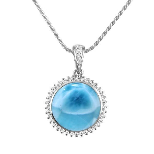 The picture shows a 14K white gold larimar circle pendant with diamonds.