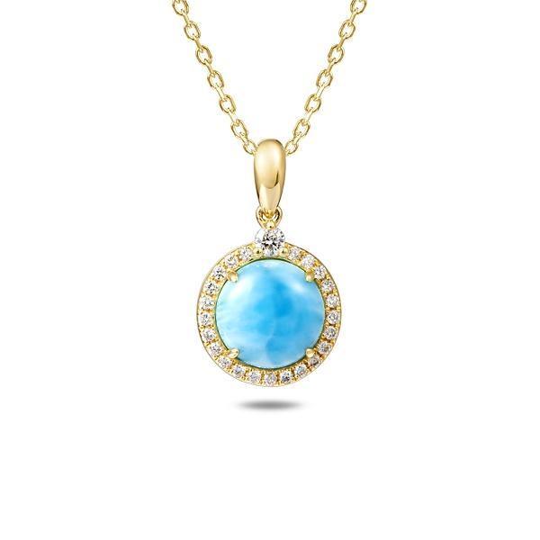 The picture shows a 14K yellow gold larimar circle pendant with diamonds.