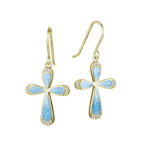 The picture shows a pair of 14K yellow gold larimar cross hook earrings with diamonds.
