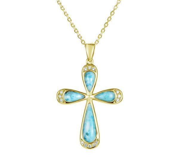 The picture shows a 14K yellow gold larimar cross pendant with diamonds.