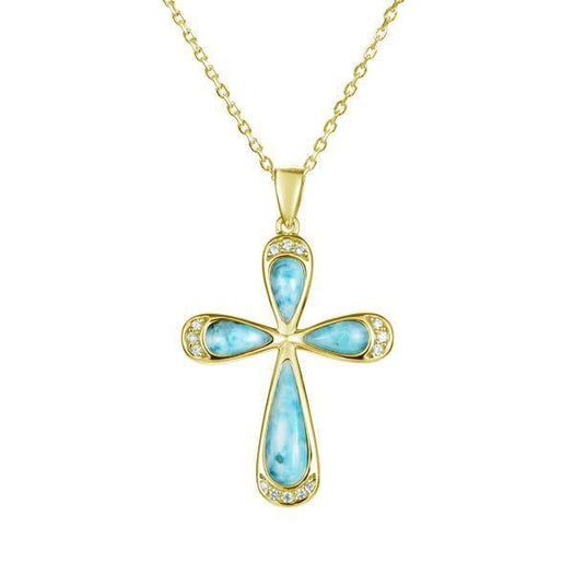 The picture shows a 14K yellow gold larimar cross pendant with diamonds.