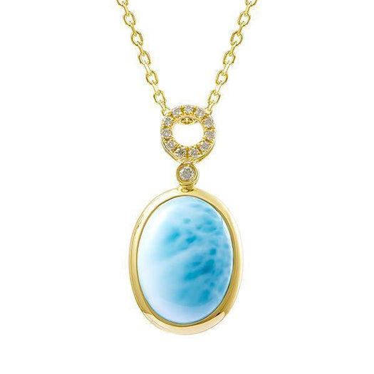 The photo shows a 14K yellow gold oval larimar pendant with diamonds above.
