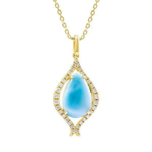 The photo shows a 14K yellow gold pendant with one larimar gemstone and diamonds.