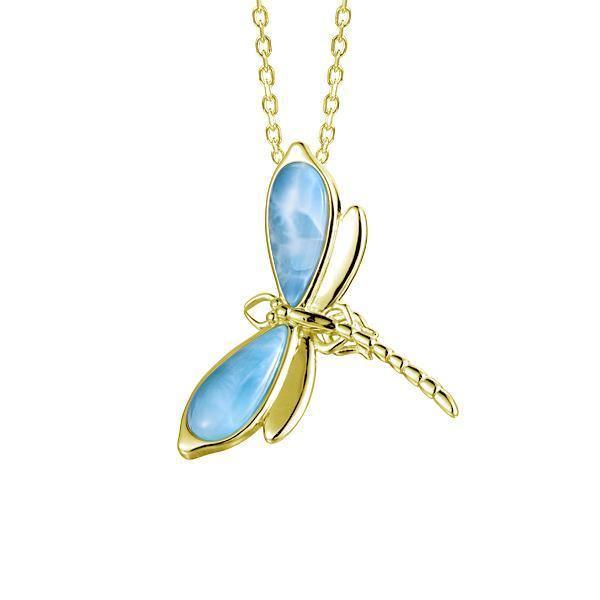 In this photo there is a yellow gold dragonfly pendant with blue larimar gemstones.