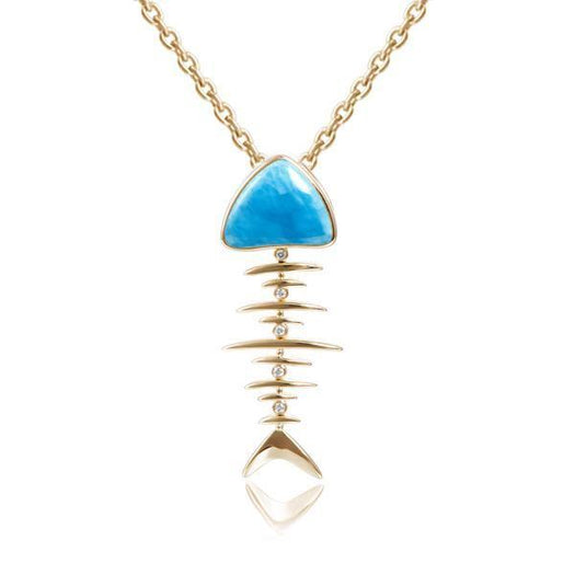 The picture shows a 14K yellow gold larimar fish bone pendant.