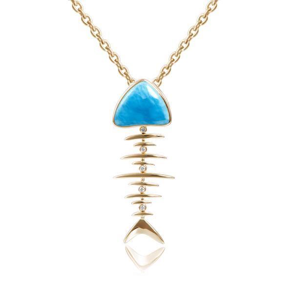 The picture shows a 14K yellow gold larimar fish bone pendant.