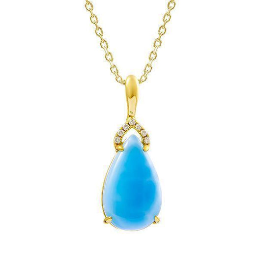 The picture shows a 14K yellow gold tear drop shaped larimar clasped pendant with diamonds.