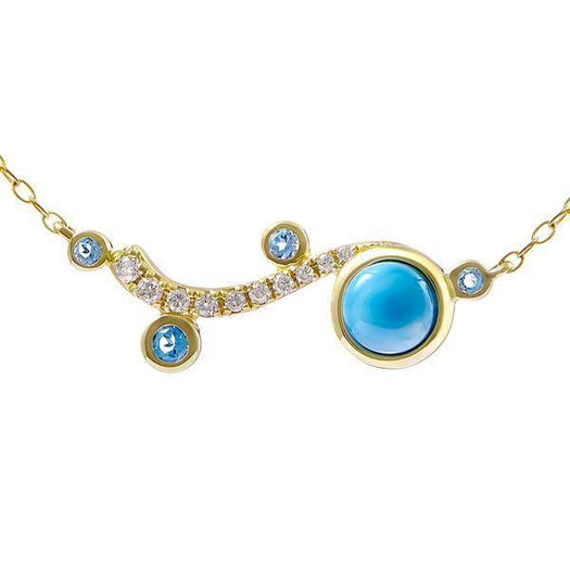 The picture shows a 14K yellow gold larimar glimmer of the ocean pendant with diamonds and  aquamarine.
