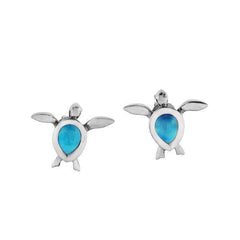 The picture shows a pair of 14K white gold sea turtle stud earrings with larimar gemstones.