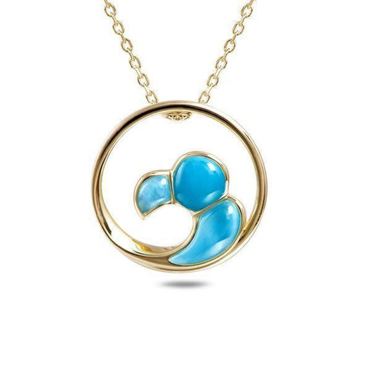 The picture shows a 14K yellow gold larimar big wave pendant.
